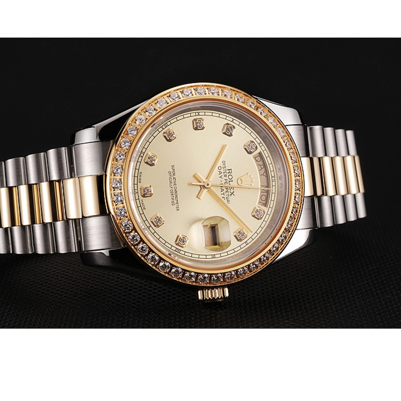 Aaa replica watch Case Stainless Day-Date 1453974 Bracelet Diamond Champagne Rolex Swiss Steel Dial Gold Two Tone 0727